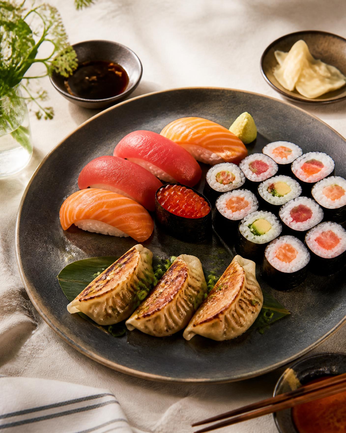 Sushi, maki och dumplings på fat från Sumplings